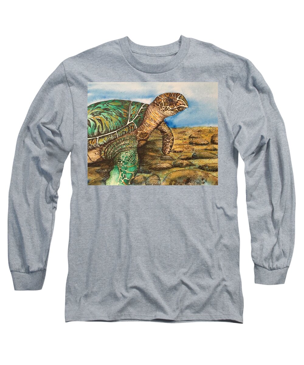 Hawkbilled Long Sleeve T-Shirt featuring the painting Hawkbilled Sea Turtle by Mastiff Studios