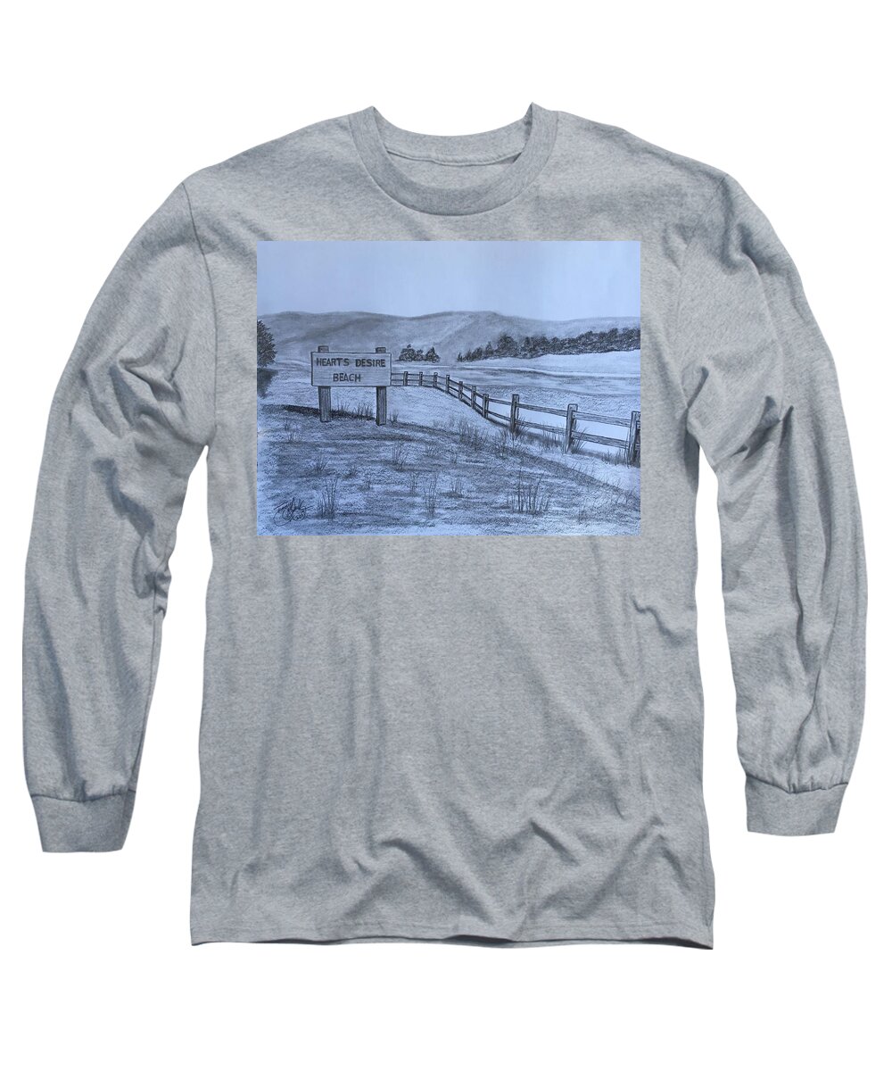 Landscape Long Sleeve T-Shirt featuring the drawing Hearts Desire Beach by Tony Clark