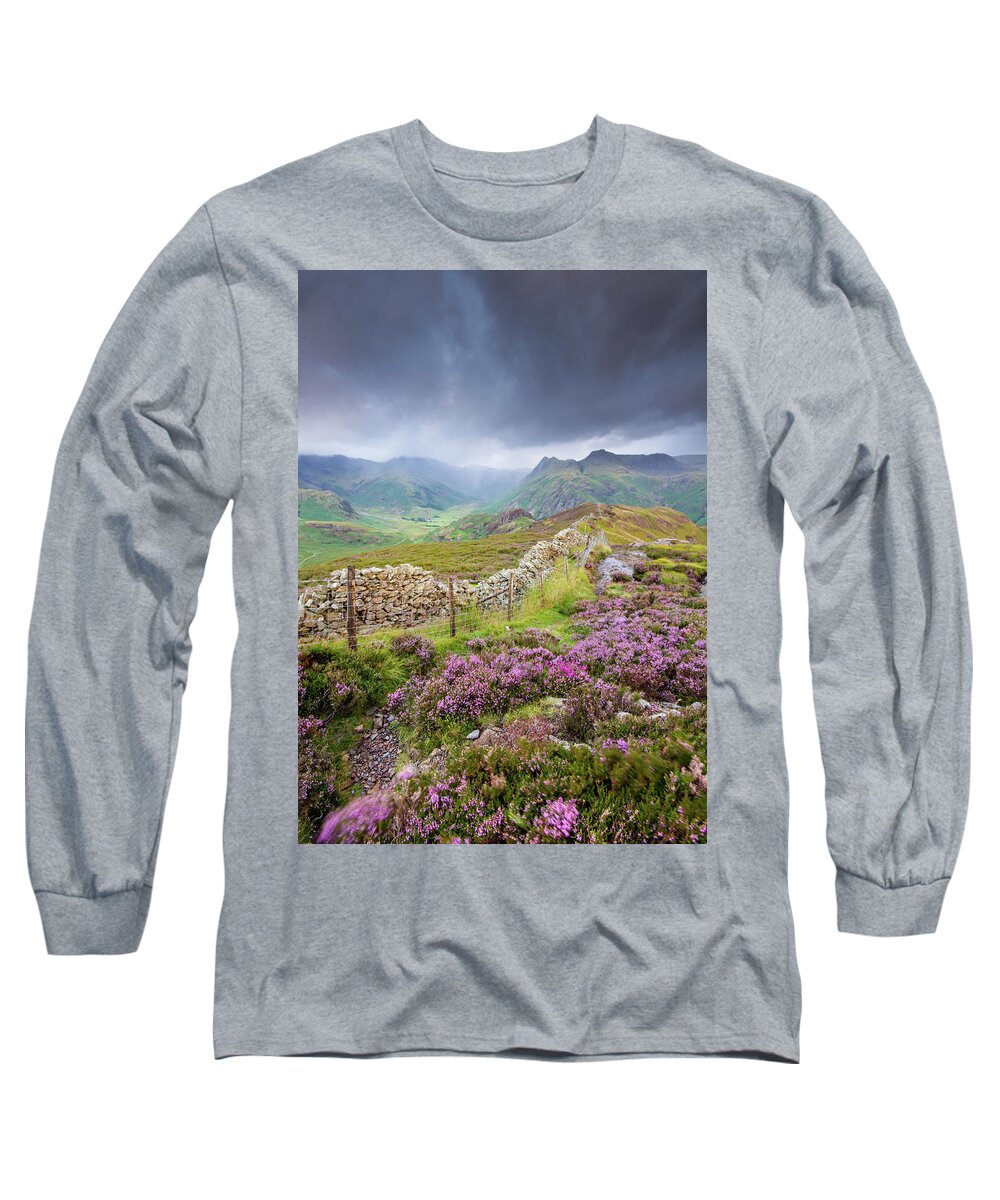Heather Long Sleeve T-Shirt featuring the photograph Heather and The Langdale Pikes on a stormy day in the Lake District by Anita Nicholson