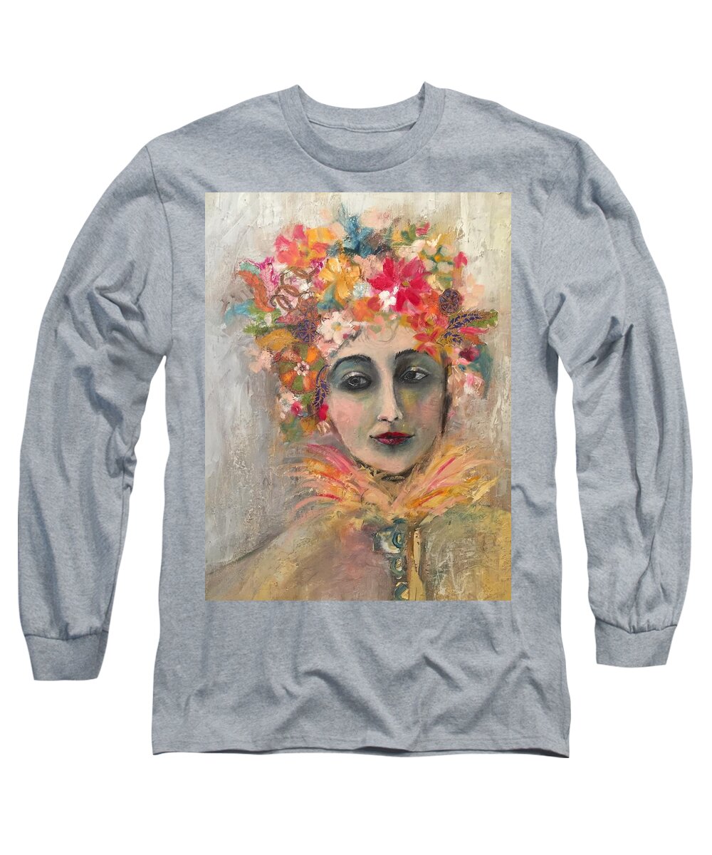 Women Flowers Contemporary Colorful Portrait Long Sleeve T-Shirt featuring the mixed media Hedy Lamore by Janet Visser