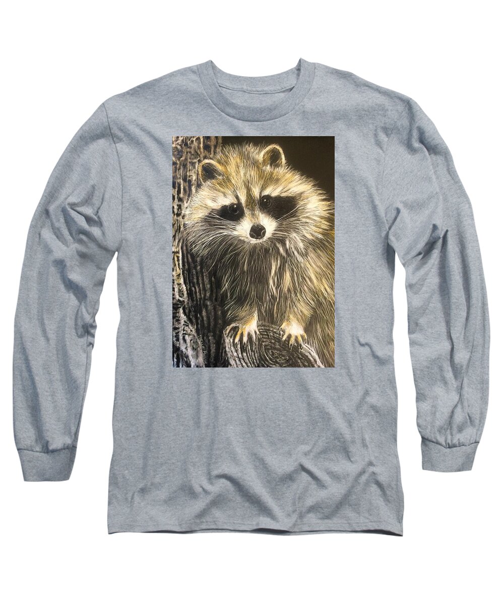 Racoon Long Sleeve T-Shirt featuring the drawing Hello by Stella Marin