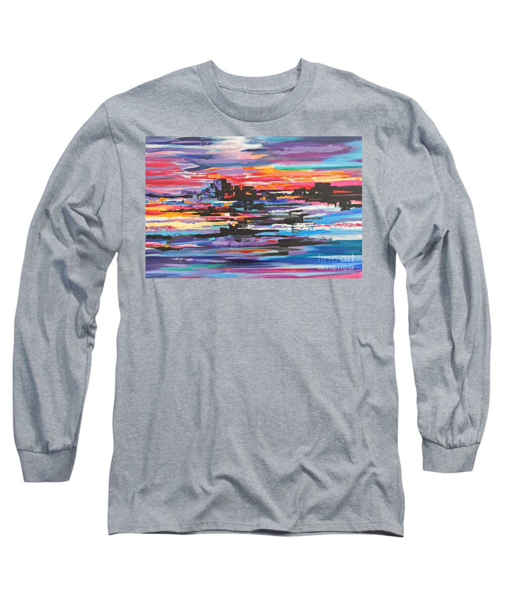  Abstract Expressionist .rainbow Of Colors Long Sleeve T-Shirt featuring the painting Hidden moon by Priscilla Batzell Expressionist Art Studio Gallery