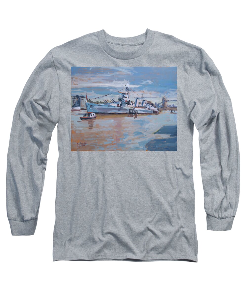England Long Sleeve T-Shirt featuring the painting HMS Belfast shows off in the sun by Nop Briex
