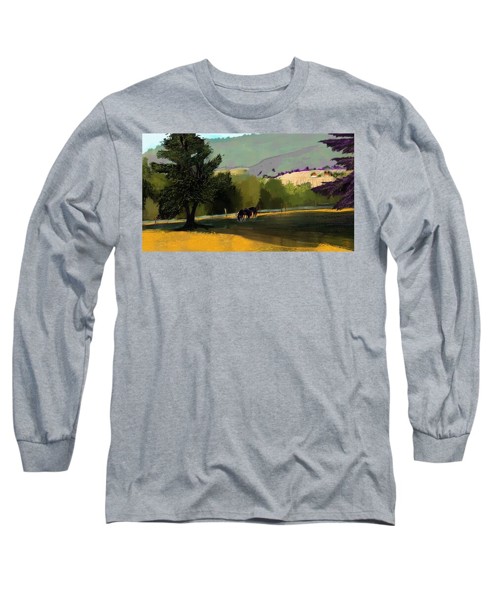 Agriculture Long Sleeve T-Shirt featuring the digital art Horses in field by Debra Baldwin