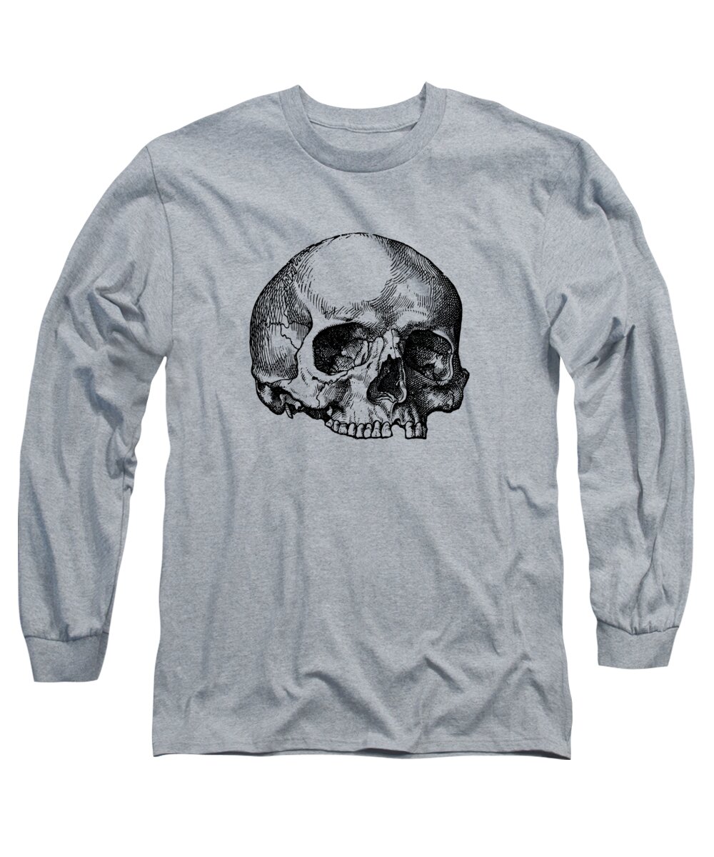 Skull Long Sleeve T-Shirt featuring the drawing Human Skull - No Jaw - Simple View by Vintage Anatomy Prints
