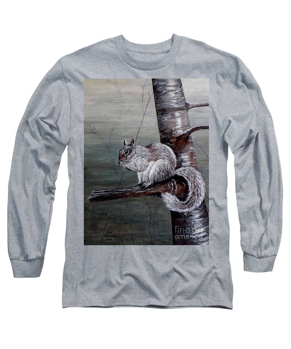 Squirrel Long Sleeve T-Shirt featuring the painting Hungry Squirrel by Judy Kirouac