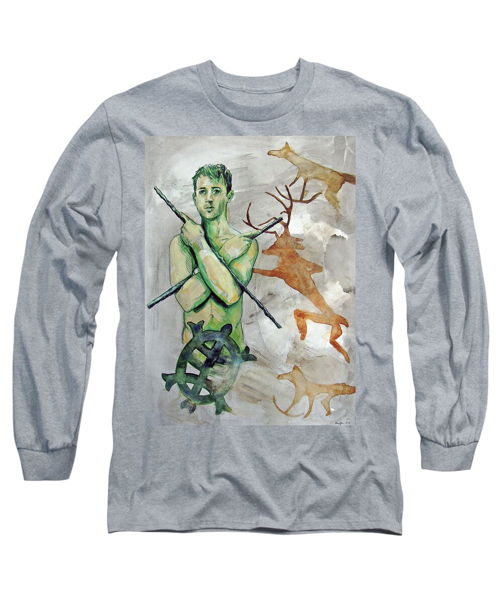 Warrior Long Sleeve T-Shirt featuring the painting Youth Hunting Turtles by Rene Capone