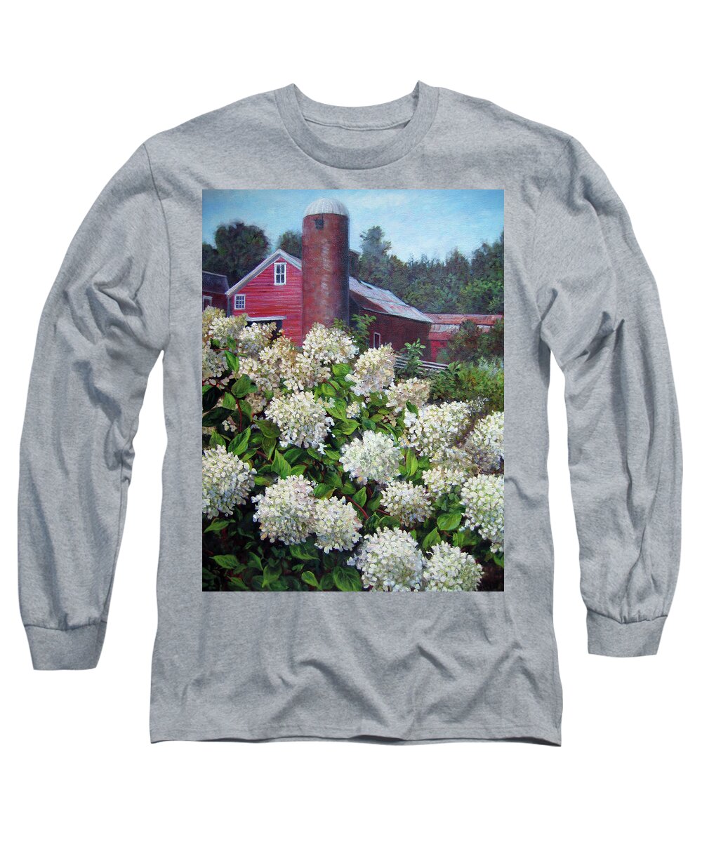 Garden Flowers Long Sleeve T-Shirt featuring the painting Hydrangea and Red Barn by Marie Witte