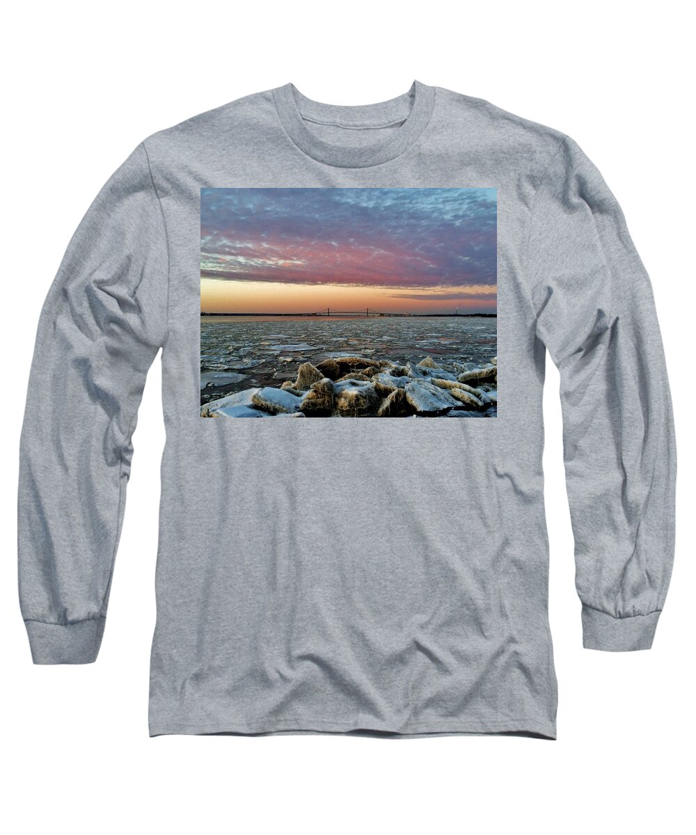 Ice Long Sleeve T-Shirt featuring the photograph Icy Delaware at Sunset by Ed Sweeney