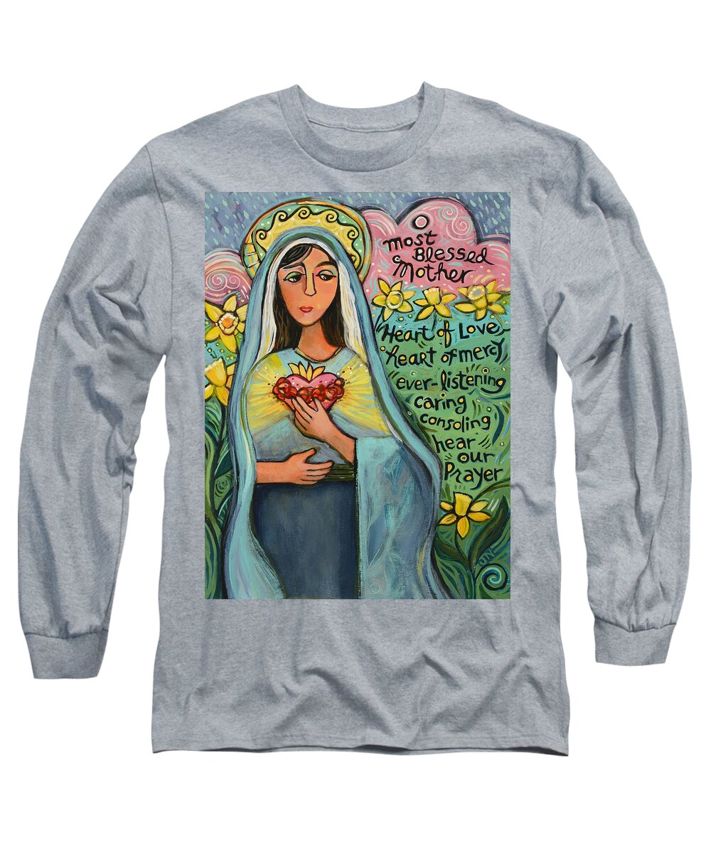 Jen Norton Long Sleeve T-Shirt featuring the painting Immaculate Heart of Mary by Jen Norton