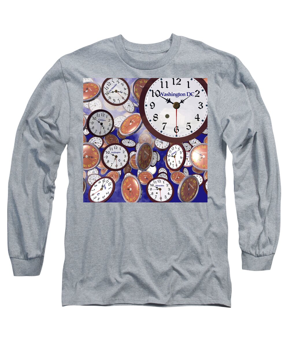 Clocks Long Sleeve T-Shirt featuring the photograph It's Raining Clocks - Washington D. C. by Nicola Nobile