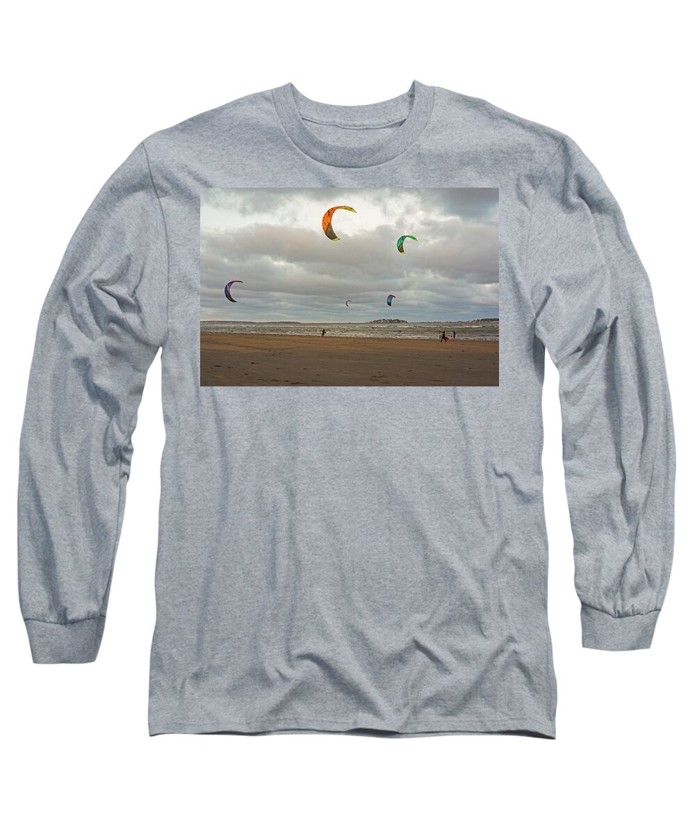 Revere Long Sleeve T-Shirt featuring the photograph Kitesurfing on Revere Beach by Toby McGuire