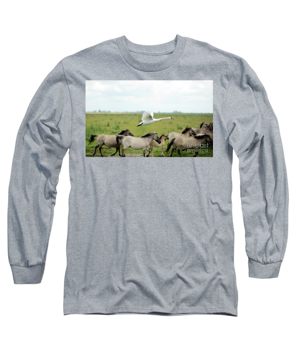 Konik Long Sleeve T-Shirt featuring the photograph Koniks and Swan by Carien Schippers