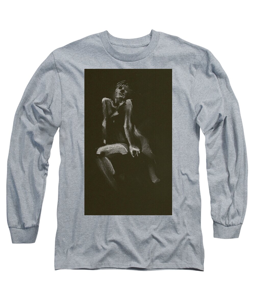 Figure Drawing Long Sleeve T-Shirt featuring the drawing Kroki 2014 10 18_3 Figure Drawing White Chalk by Marica Ohlsson