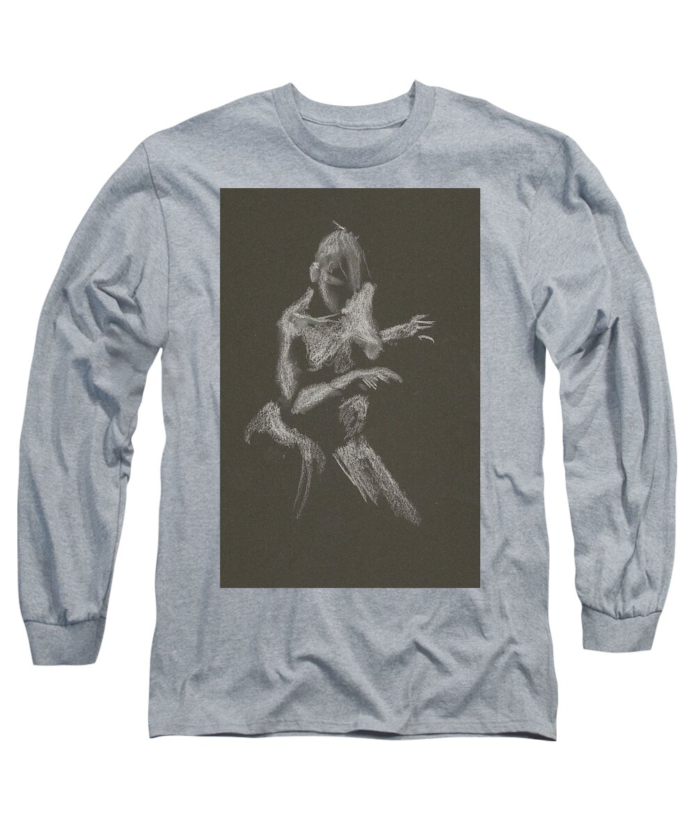Figure Drawing Long Sleeve T-Shirt featuring the drawing Kroki 2015 10 03_12 Figure Drawing White Chalk by Marica Ohlsson