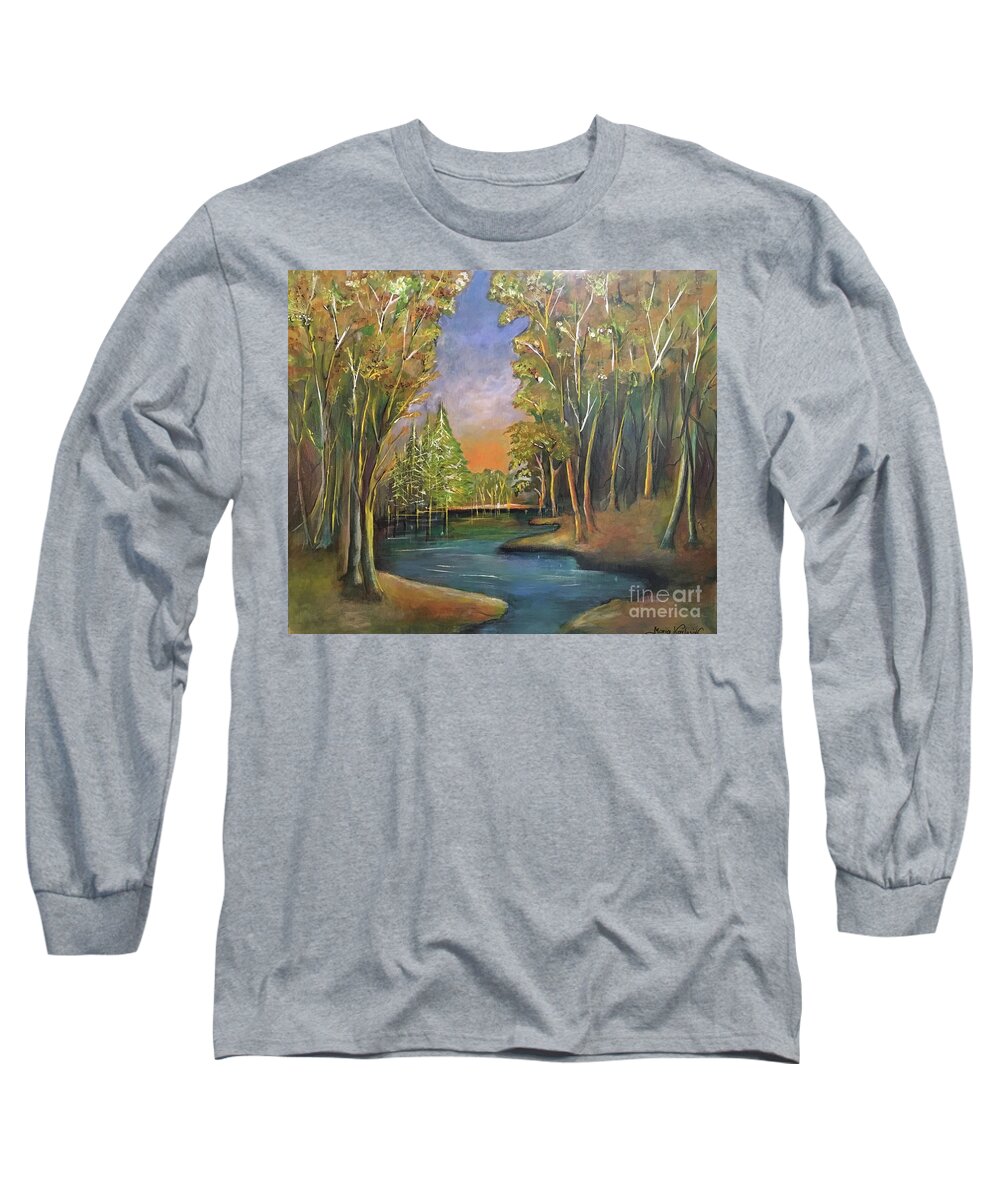 Original Acrylic Painting Long Sleeve T-Shirt featuring the painting Lake in the woods by Maria Karlosak