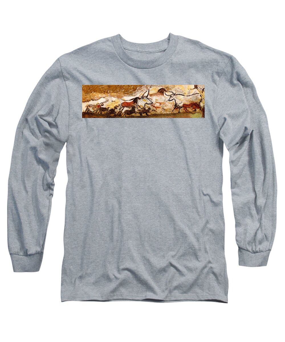 Lascaux Long Sleeve T-Shirt featuring the digital art Lascaux Hall of the Bulls by Weston Westmoreland