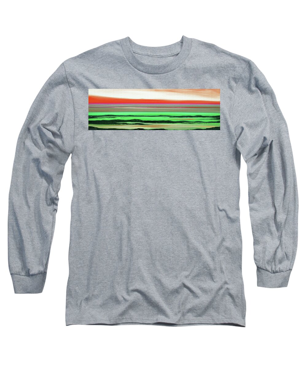 Sunset Long Sleeve T-Shirt featuring the painting Lava Rock Abstract Panoramic Sunset in Red and Green by Gina De Gorna