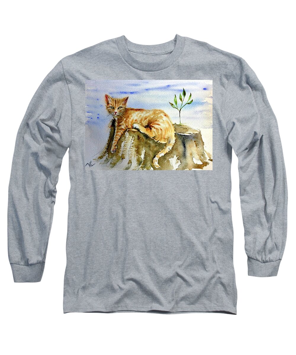 Animal Long Sleeve T-Shirt featuring the painting Lazy evening by Katerina Kovatcheva