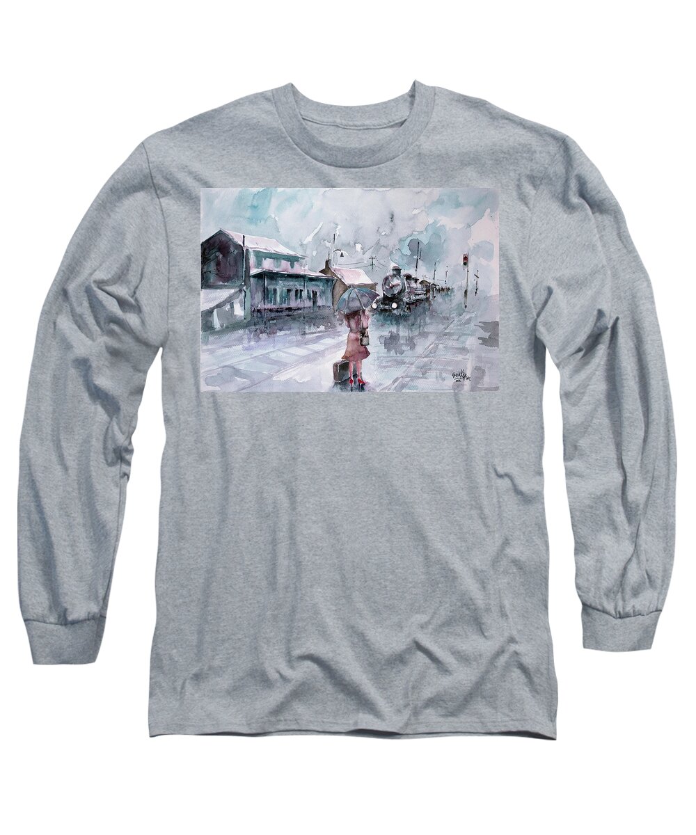 Station Long Sleeve T-Shirt featuring the painting Leaving... by Faruk Koksal