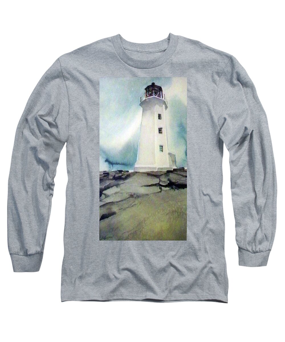 Outdoors Ocean Travel Holidays Light Sky  Long Sleeve T-Shirt featuring the painting Lighthouse Rock by Ed Heaton