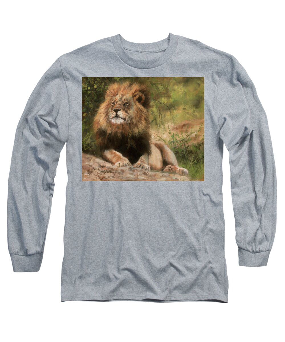 Lion Long Sleeve T-Shirt featuring the painting Lion resting by David Stribbling