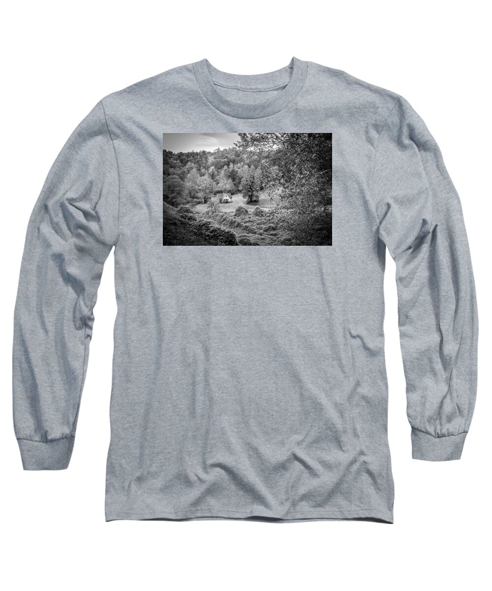 Kelly Hazel Long Sleeve T-Shirt featuring the photograph Little Victorian Farm House in a Mountain Field by Kelly Hazel