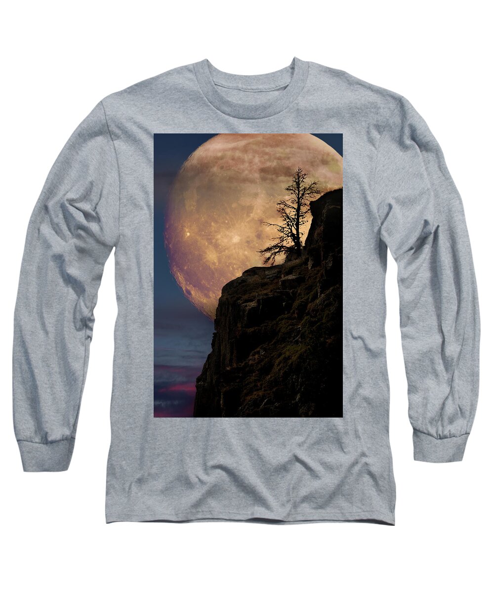 Alone Long Sleeve T-Shirt featuring the photograph Lone tree with super moon by Mihai Andritoiu