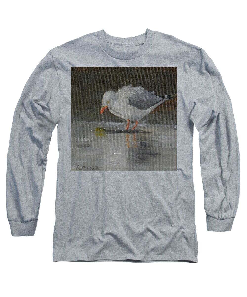Seagull Landscape Birds Water Ocean Long Sleeve T-Shirt featuring the painting Looking for Scraps by Scott W White