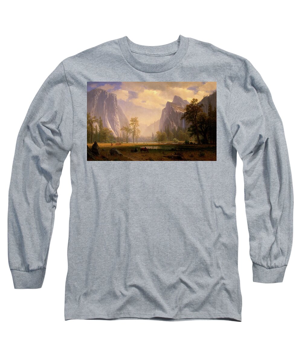 Looking Long Sleeve T-Shirt featuring the painting Looking Up the Yosemite Valley by Albert Bierstadt