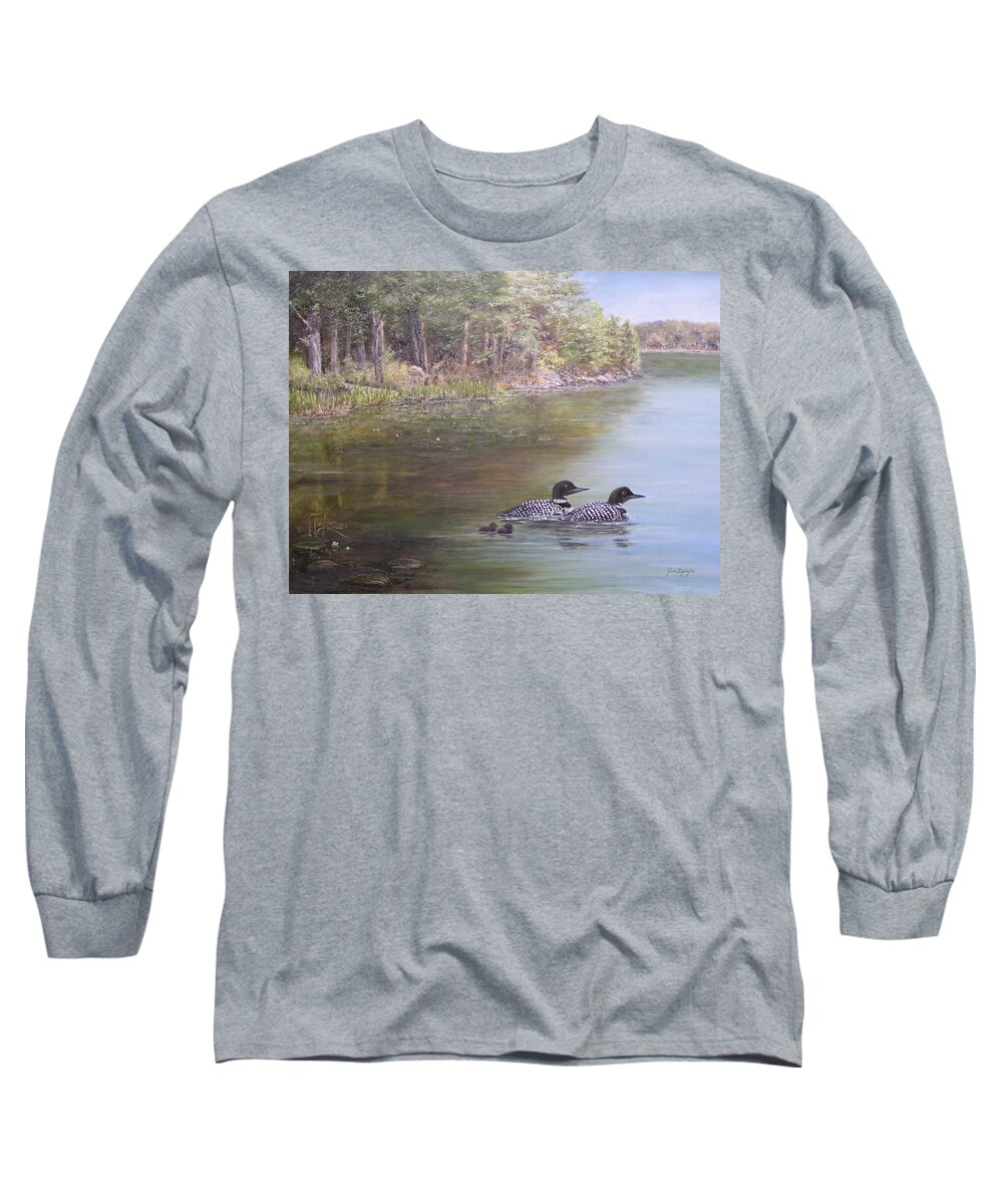 Loon Long Sleeve T-Shirt featuring the painting Loon Family 1 by Jan Byington