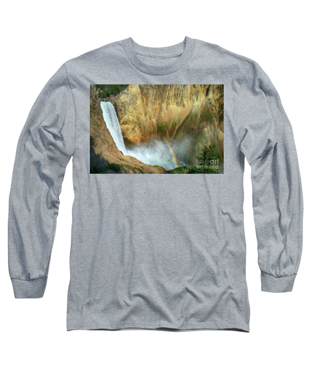Waterfall Long Sleeve T-Shirt featuring the photograph Lower Yellowstone Falls and Rainbow by Teresa Zieba