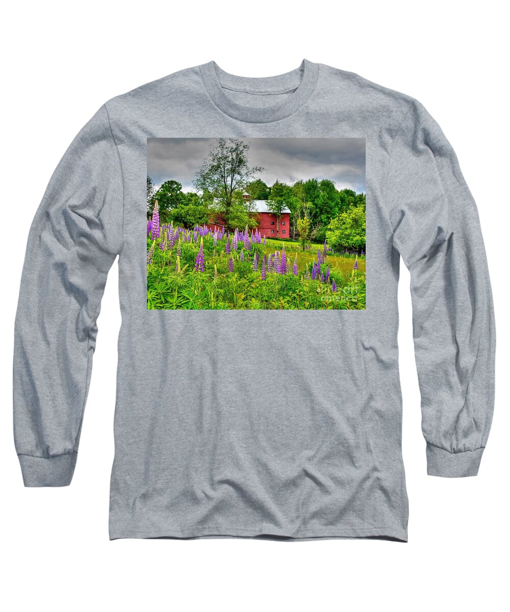 Sugar Hill Long Sleeve T-Shirt featuring the photograph Lupines and the Red Barn by Steve Brown
