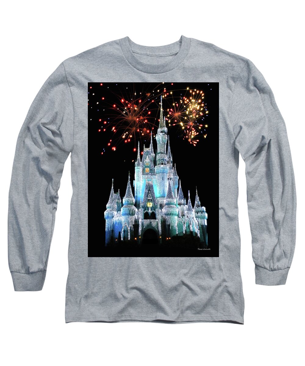 Castle Long Sleeve T-Shirt featuring the photograph Magic Kingdom Castle In Frosty Light Blue with Fireworks 03 MP by Thomas Woolworth