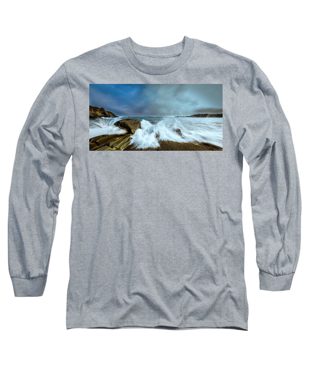 Maine Long Sleeve T-Shirt featuring the photograph Maine Rocky Coast during Storm at Two Lights by Ranjay Mitra
