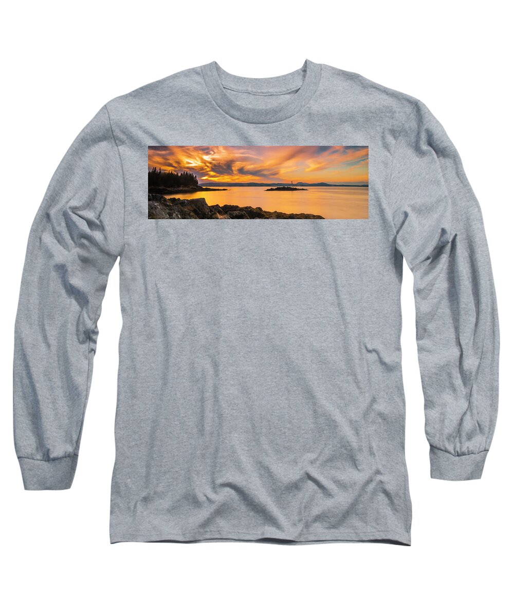 Maine Long Sleeve T-Shirt featuring the photograph Maine Rocky Coastal Sunset in Penobscot Bay Panorama by Ranjay Mitra