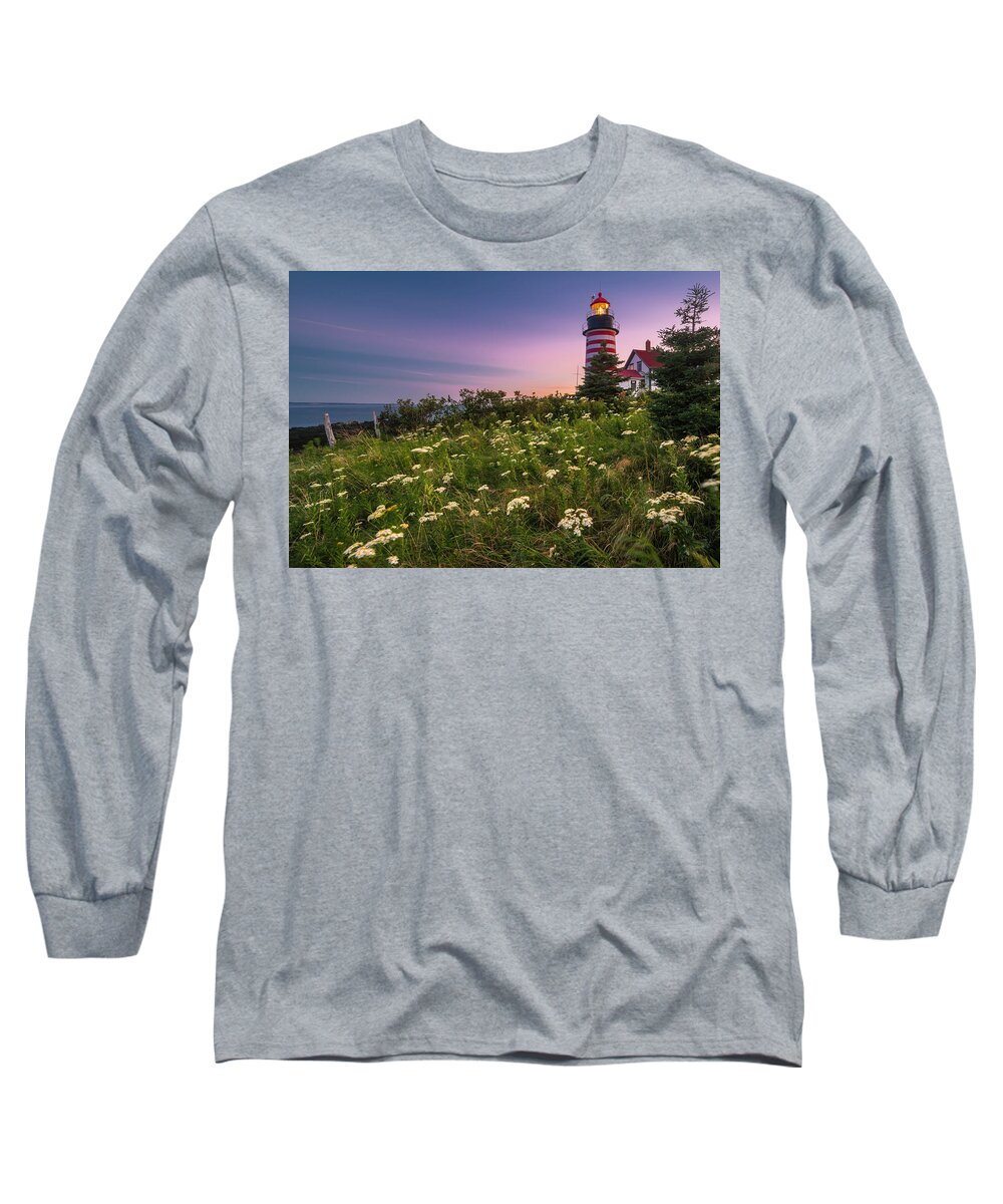 Maine Long Sleeve T-Shirt featuring the photograph Maine West Quoddy Head Lighthouse Sunset by Ranjay Mitra