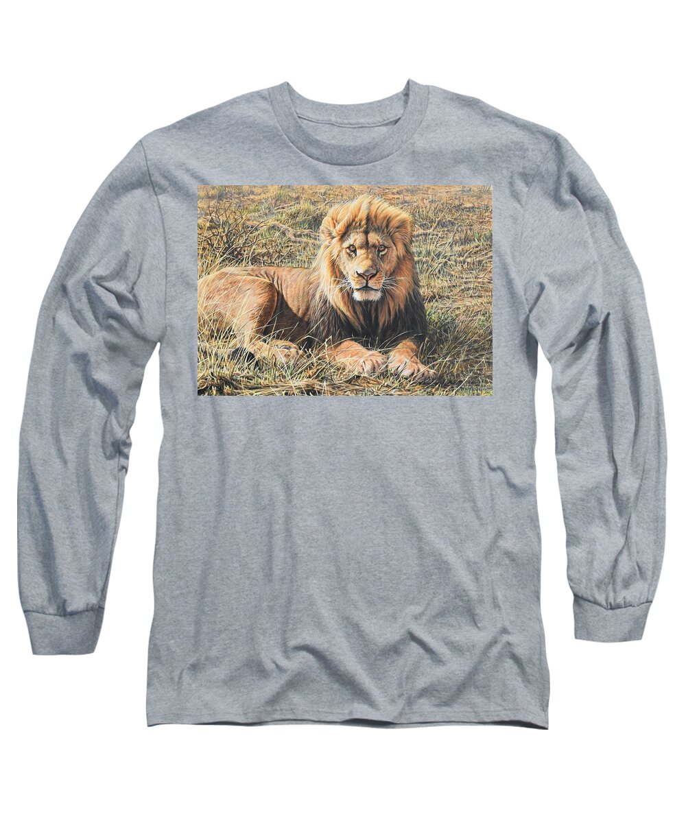 Wildlife Paintings Long Sleeve T-Shirt featuring the painting Male Lion Portrait by Alan M Hunt