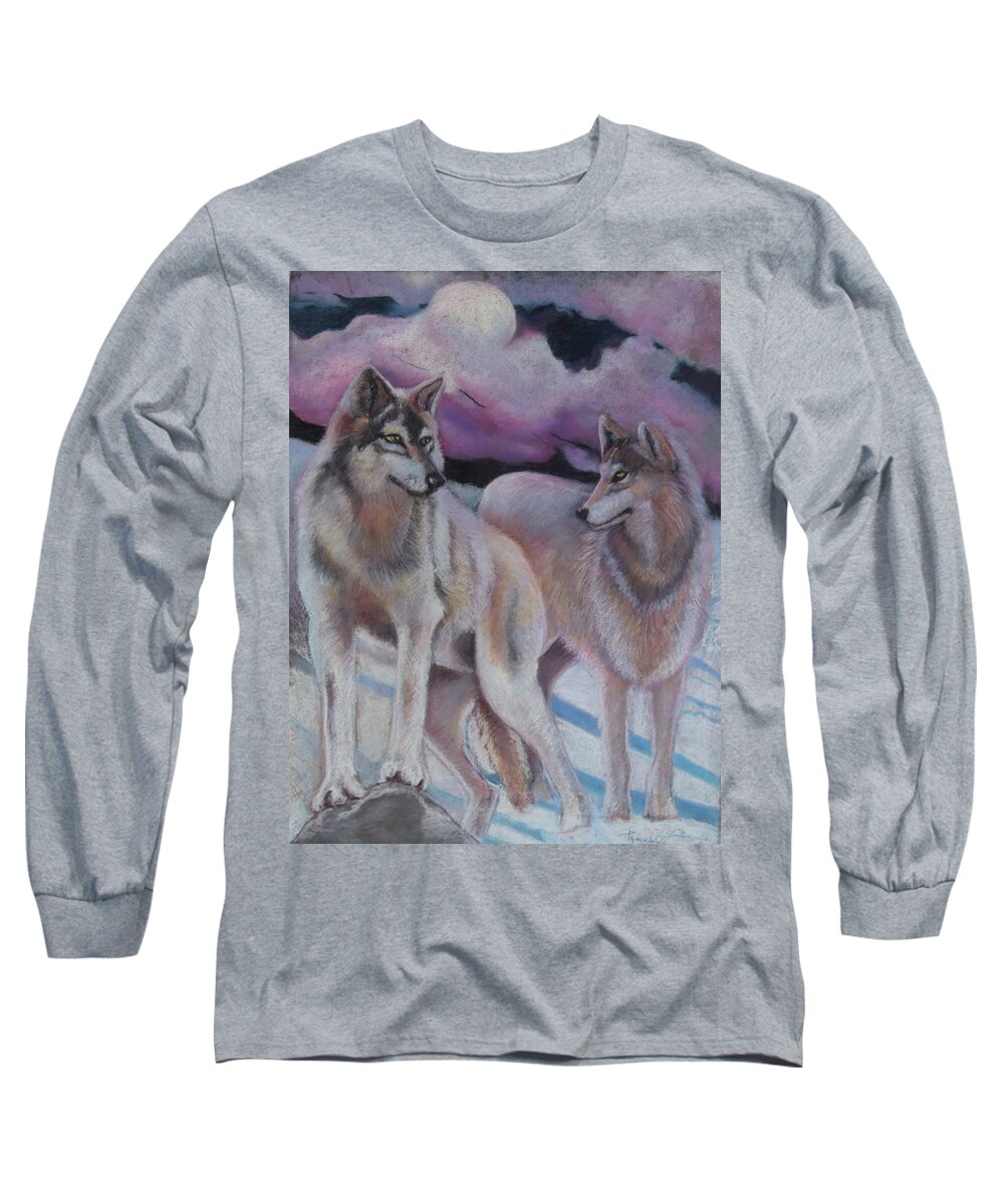 Two Wolves--mates Forever....snow Long Sleeve T-Shirt featuring the pastel Mates Forever by Pamela Mccabe