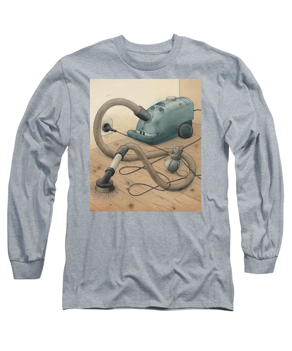 Mice Monster Vacuum-cleaner Brown Long Sleeve T-Shirt featuring the painting Mice and Monster by Kestutis Kasparavicius