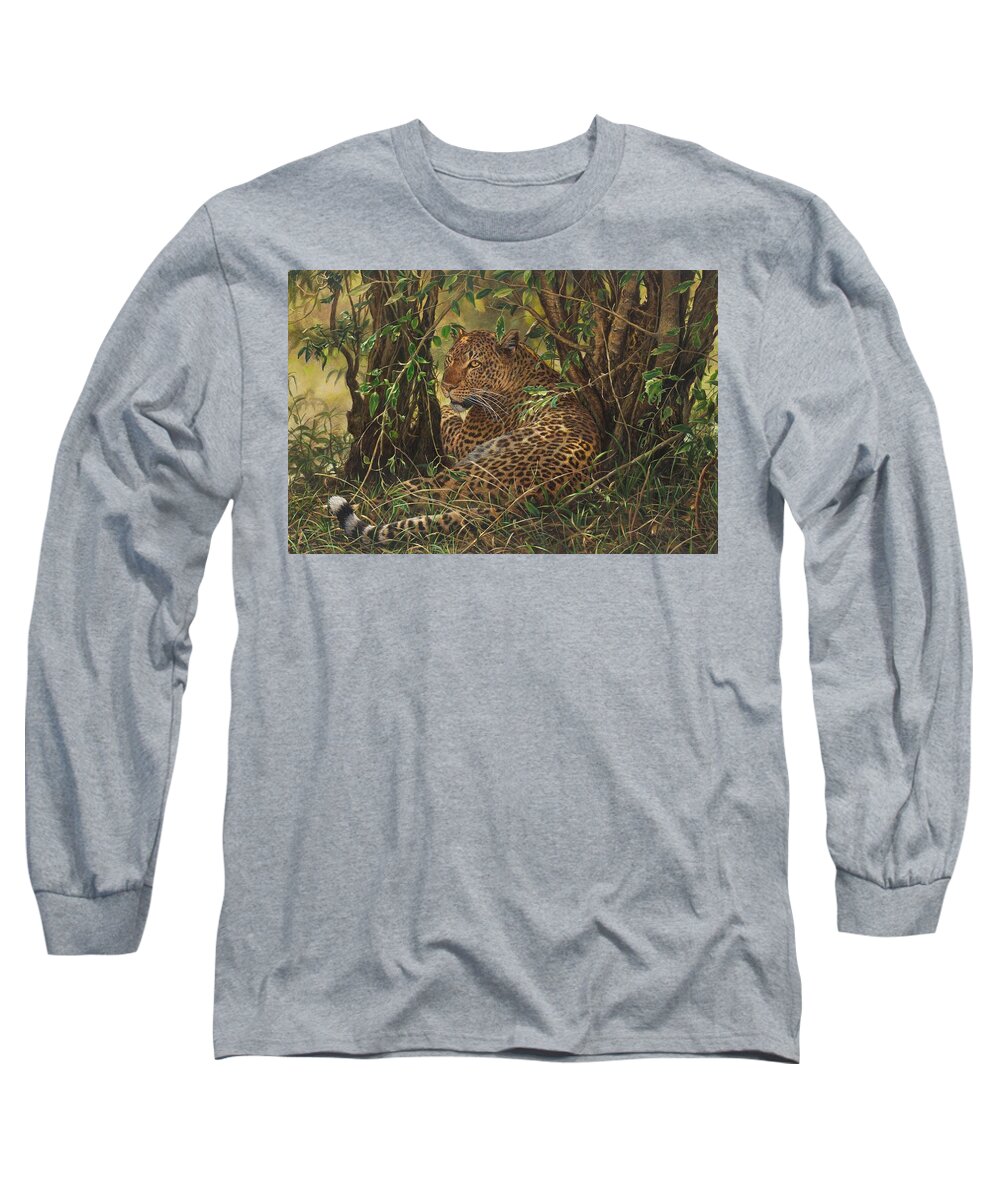 Leopard Long Sleeve T-Shirt featuring the painting Midday Siesta by Alan M Hunt