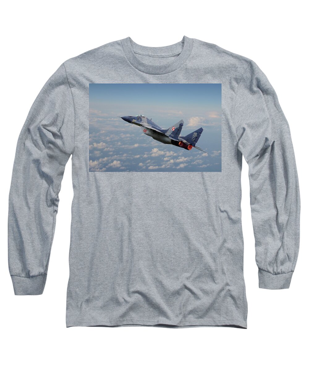 Aircraft Long Sleeve T-Shirt featuring the digital art Mig 29 - Polish Fulcrum Dedication by Pat Speirs