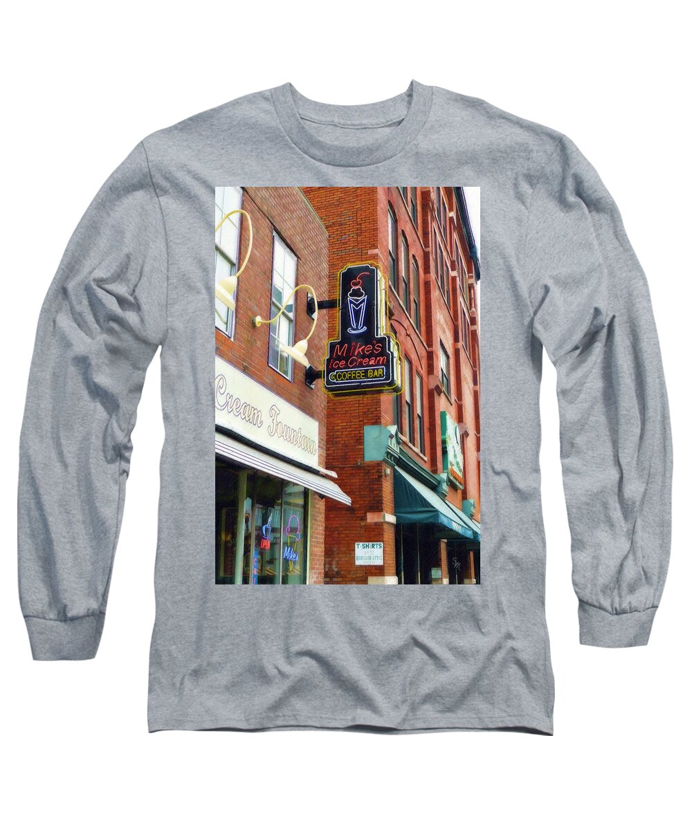 Mike's Long Sleeve T-Shirt featuring the painting Mike's Ice Cream and Coffee Bar by Sandy MacGowan