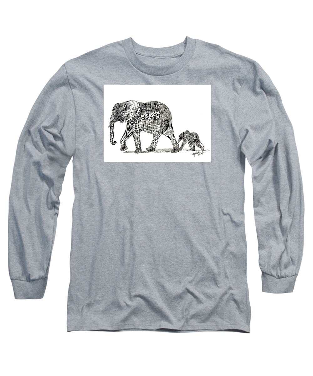 Elephant Long Sleeve T-Shirt featuring the drawing Momma and Baby Elephant by Kathy Sheeran