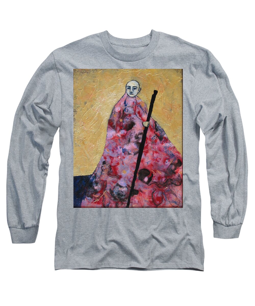 Gold Long Sleeve T-Shirt featuring the painting Monk With Walking Stick by Pauline Lim