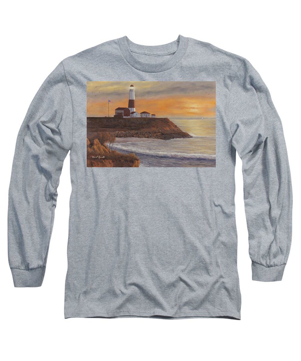 Montauk Pt. Long Sleeve T-Shirt featuring the painting Monntauk Lighthouse sunset by Diane Romanello