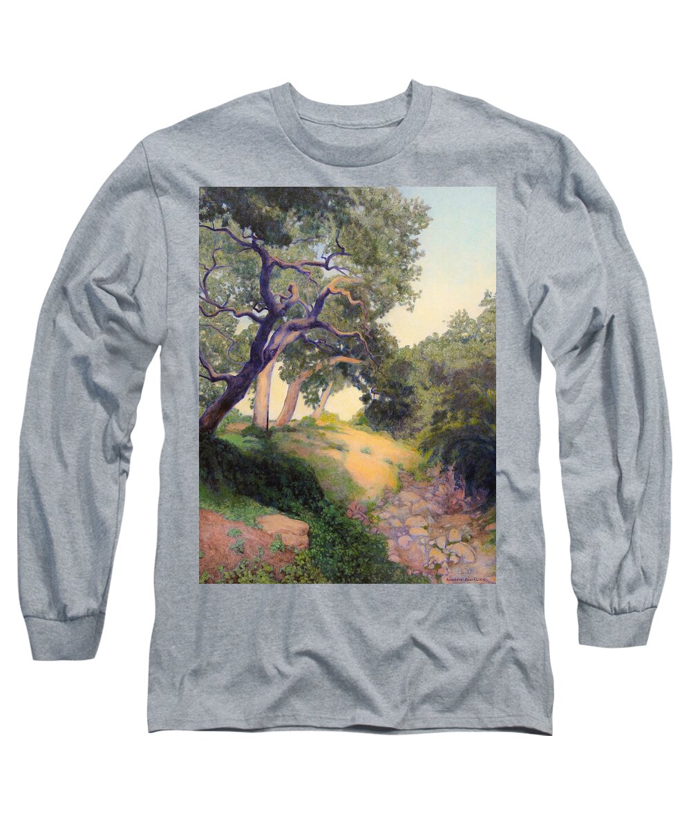 Oaks Long Sleeve T-Shirt featuring the painting Montecito Dry River Oaks by Andrew Danielsen