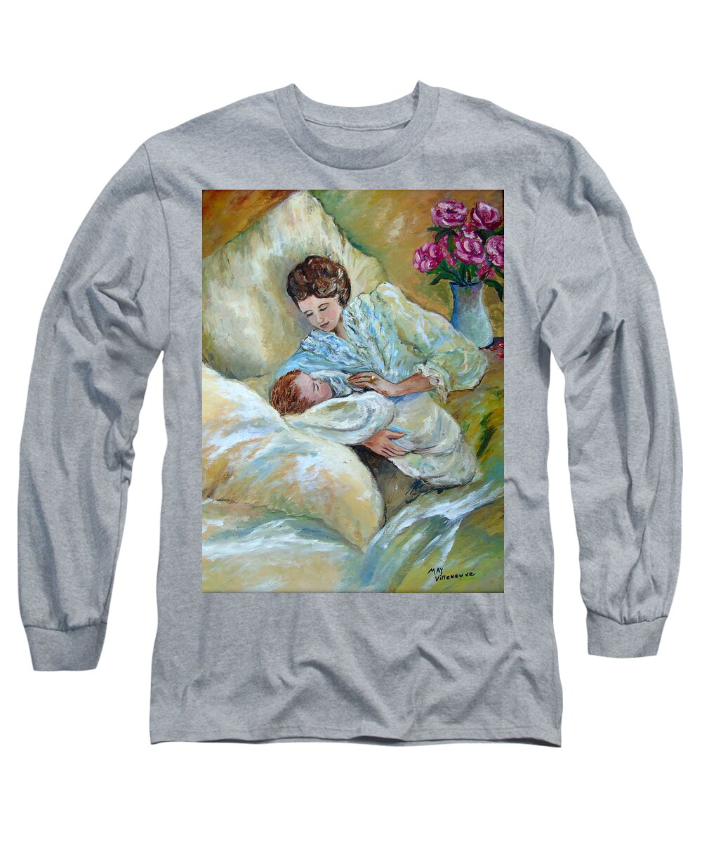 Mother And Child Long Sleeve T-Shirt featuring the painting Mother and Child by May Villeneuve by Susan Lafleur for May Villeneuve