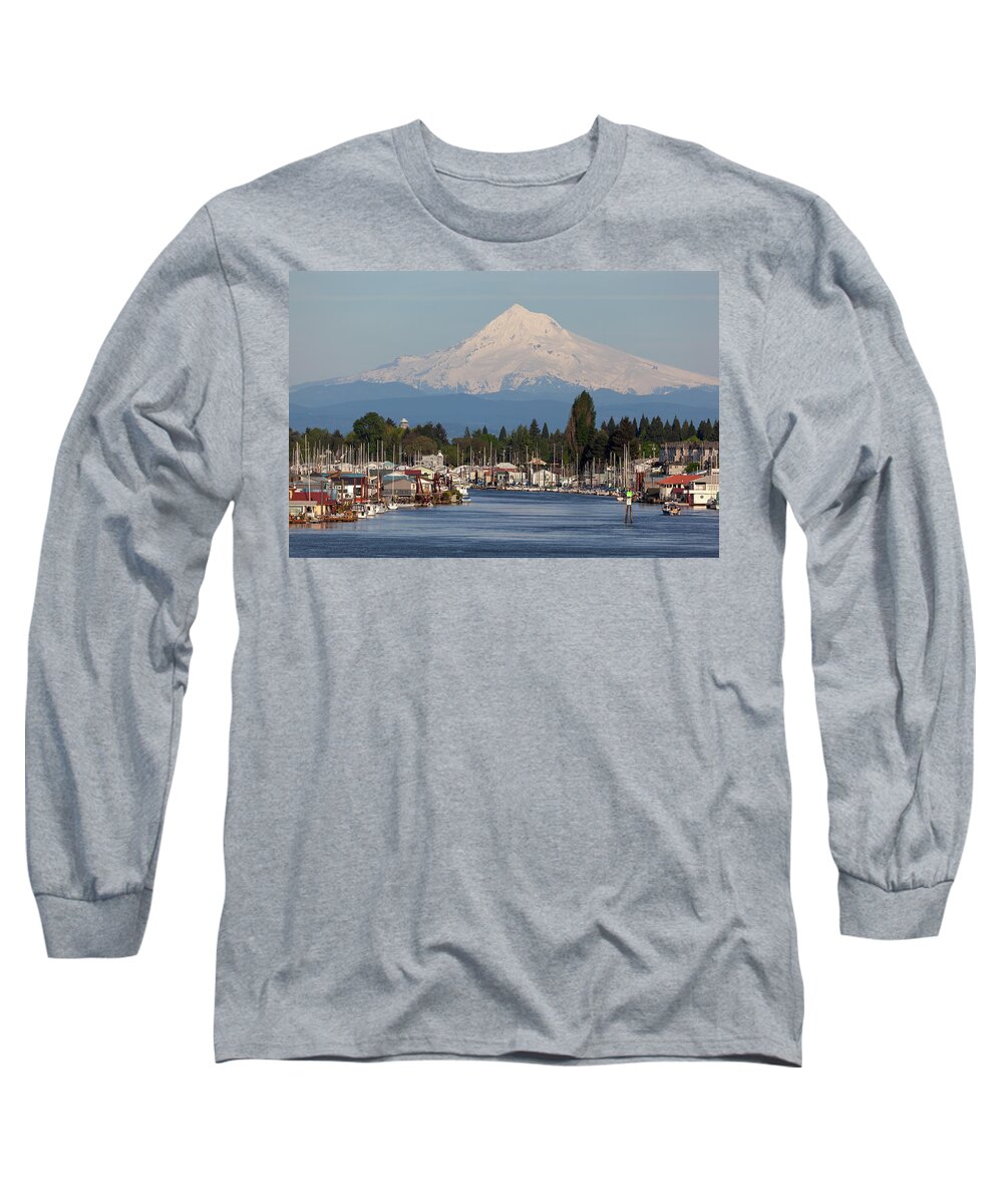 Mount Hood Long Sleeve T-Shirt featuring the photograph Mount Hood and Columbia River House Boats by David Gn