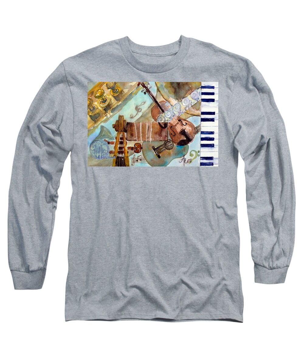 Music Long Sleeve T-Shirt featuring the painting Music Shop by Anna Ruzsan
